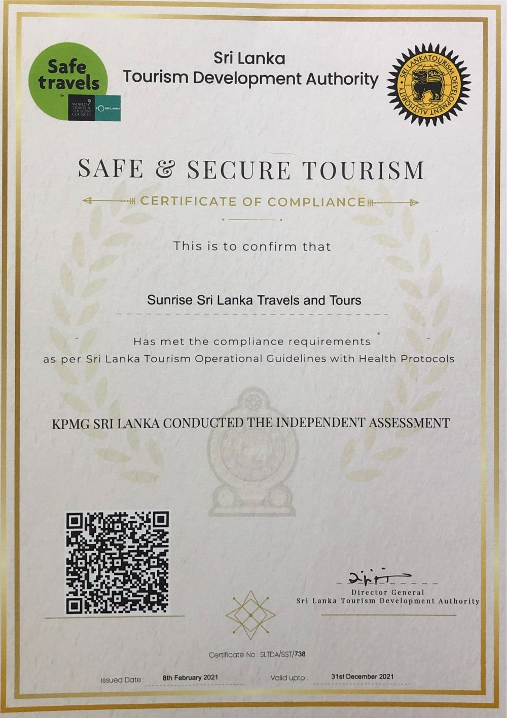 Safe travels certificate